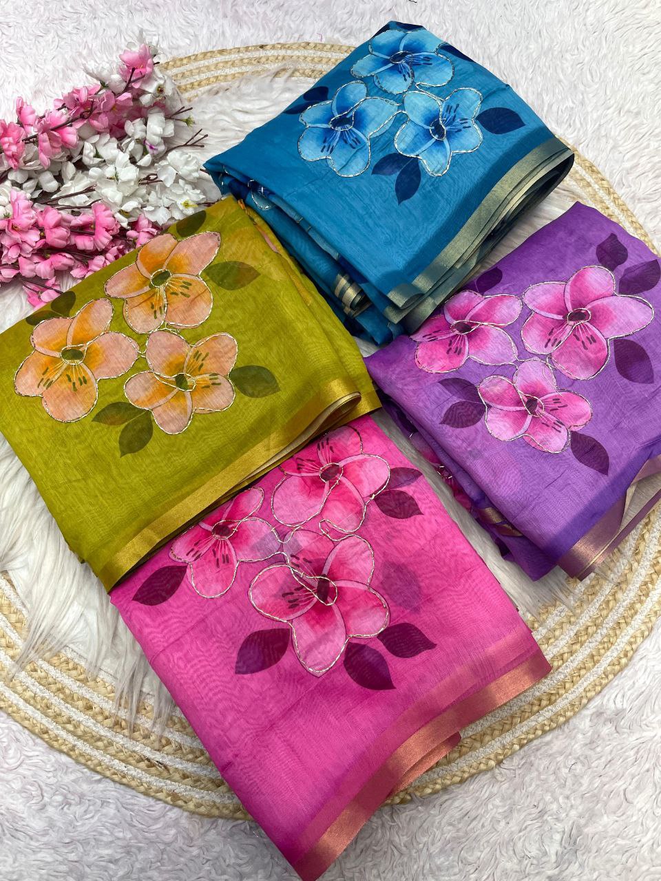 New Designer Digital Printed Chanderi Cotton Saree - Parrot Green