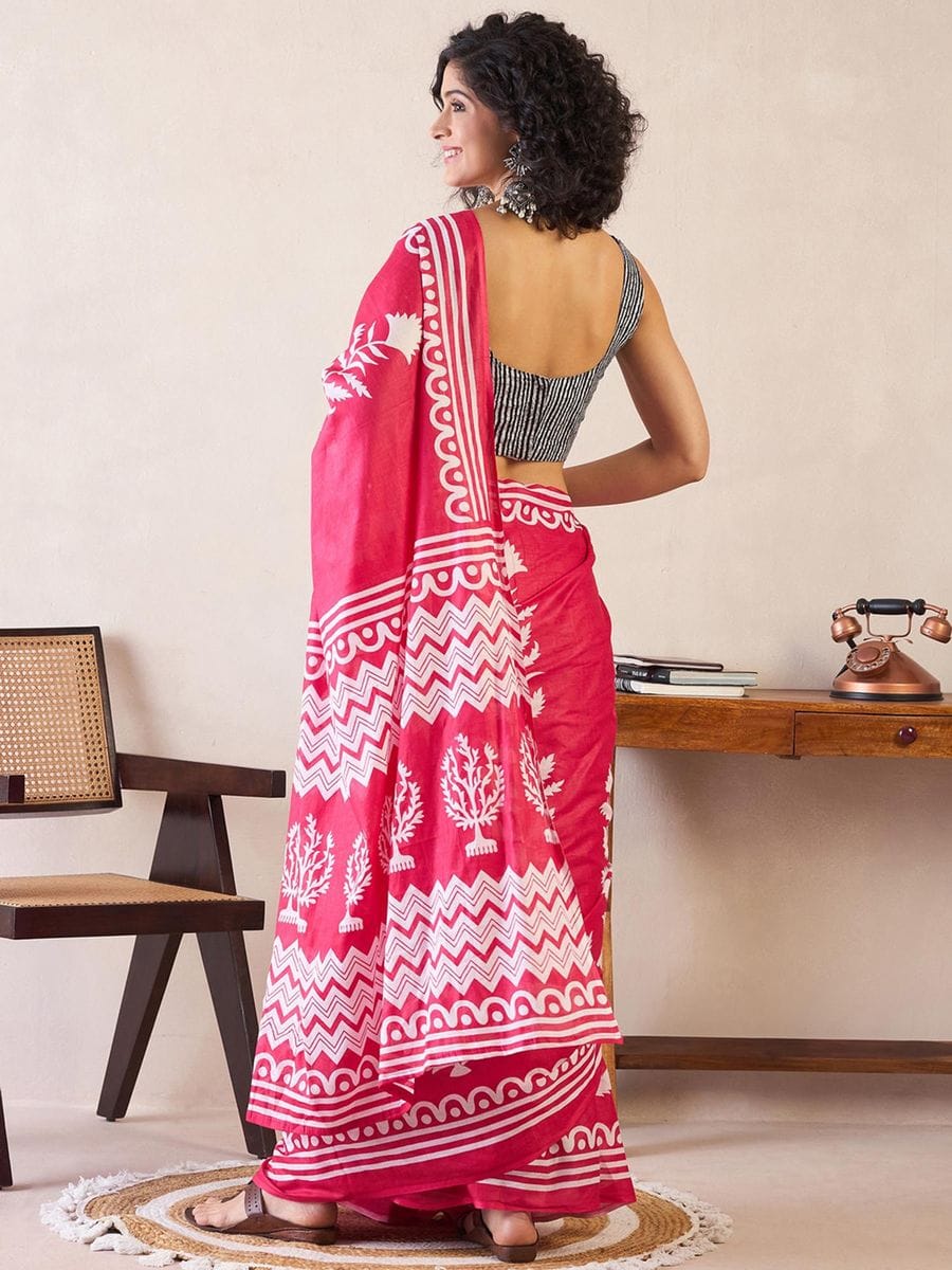 New One Minute Ready To Wear  Pure Soft Mul Cotton Silk Rani Pink Saree With  Pocket Along With Running Unstiched Blouse Piece