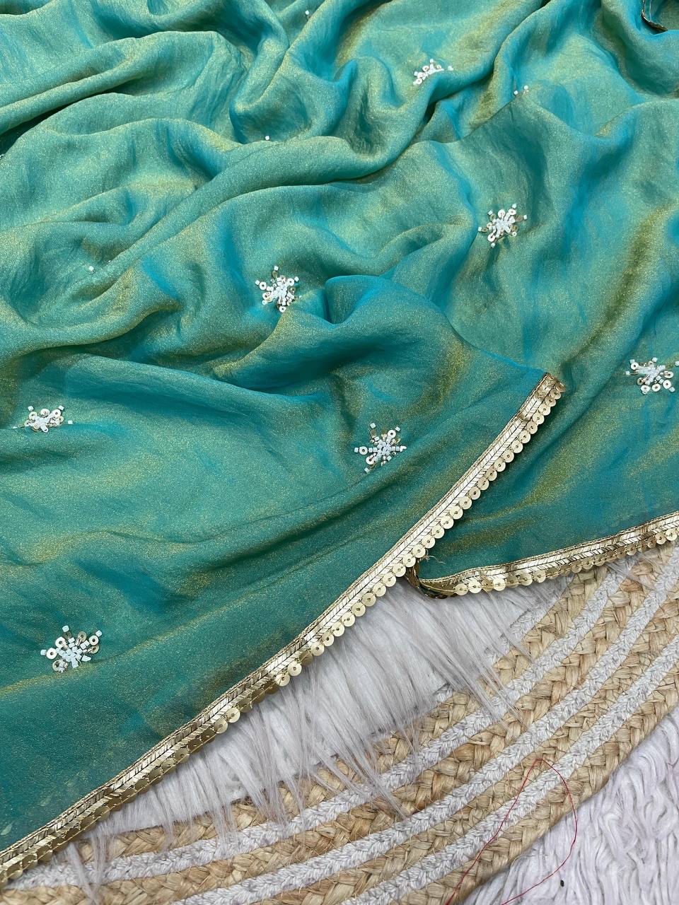 New Designer NC Moss Sattin Saree With All Over Birts Sequence Butti Work - Teal Green
