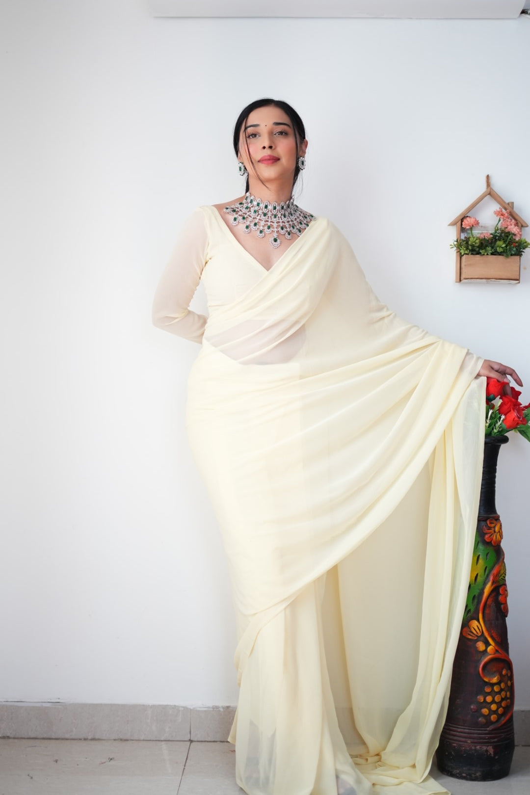 New One Minute Ready Wear Pastel Yellow Georgette Saree