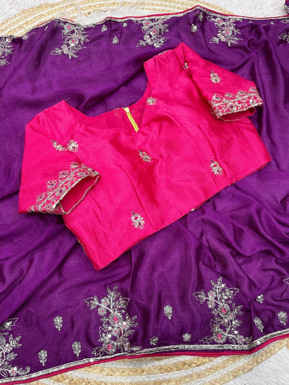 New Designer Natural Chinnon Purple Saree With Coding Sequence Embroidery Work