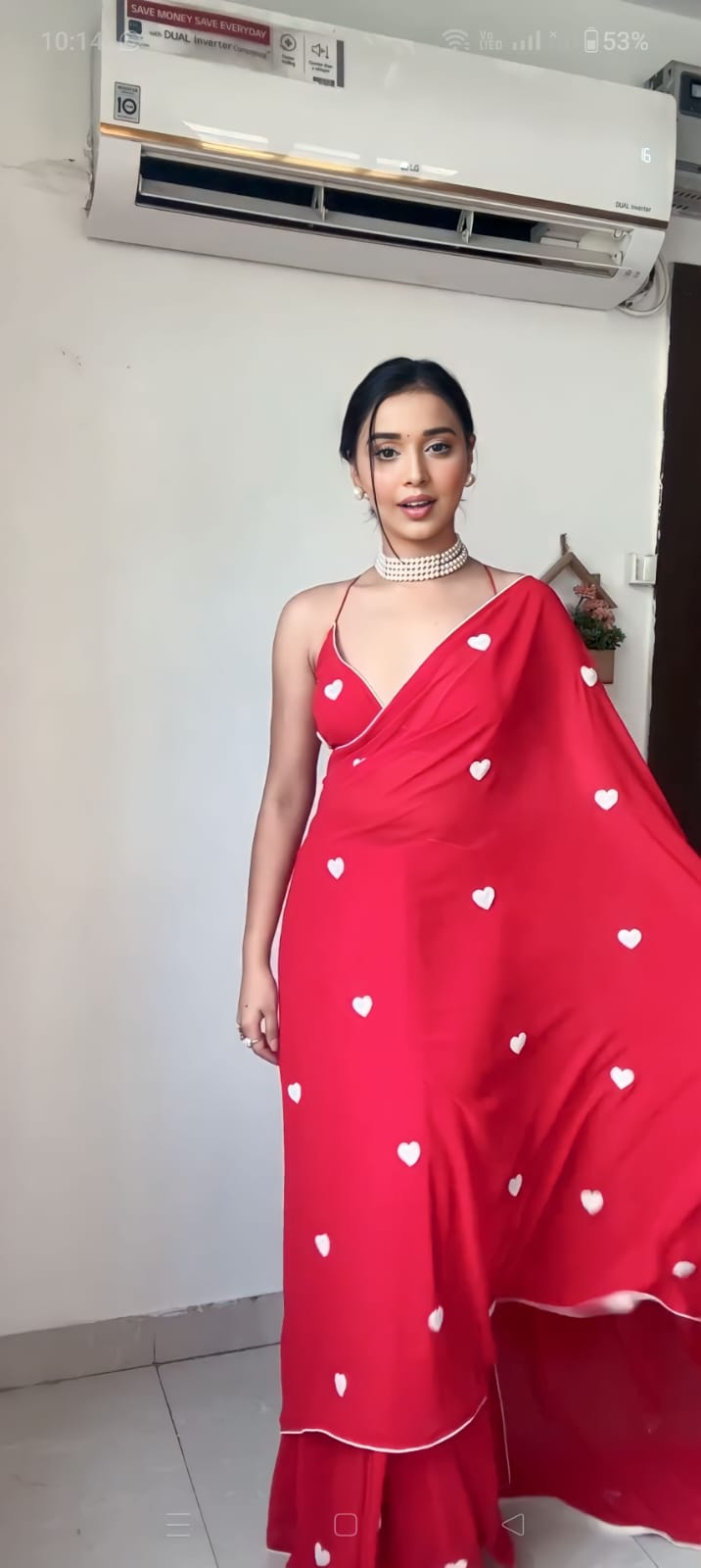 New One Minute Ready To Wear White Heart Embroideried Pure Soft Georgette Silk Red Saree