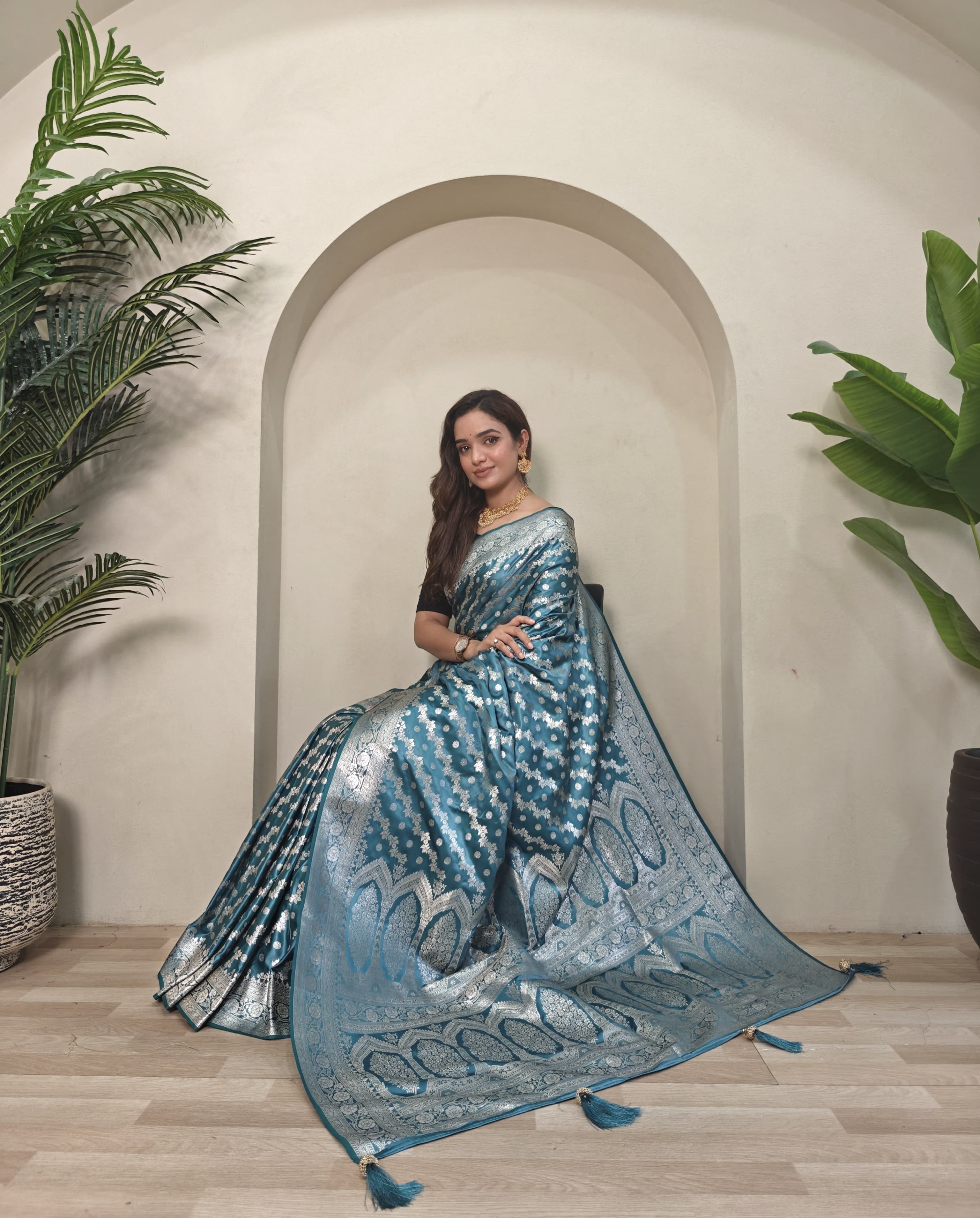 New Designer Leheriya Mushro Satin Silk Zari Weaved Light Blue Saree With Beautiful Tassels Along With Running Unstiched Blouse Piece
