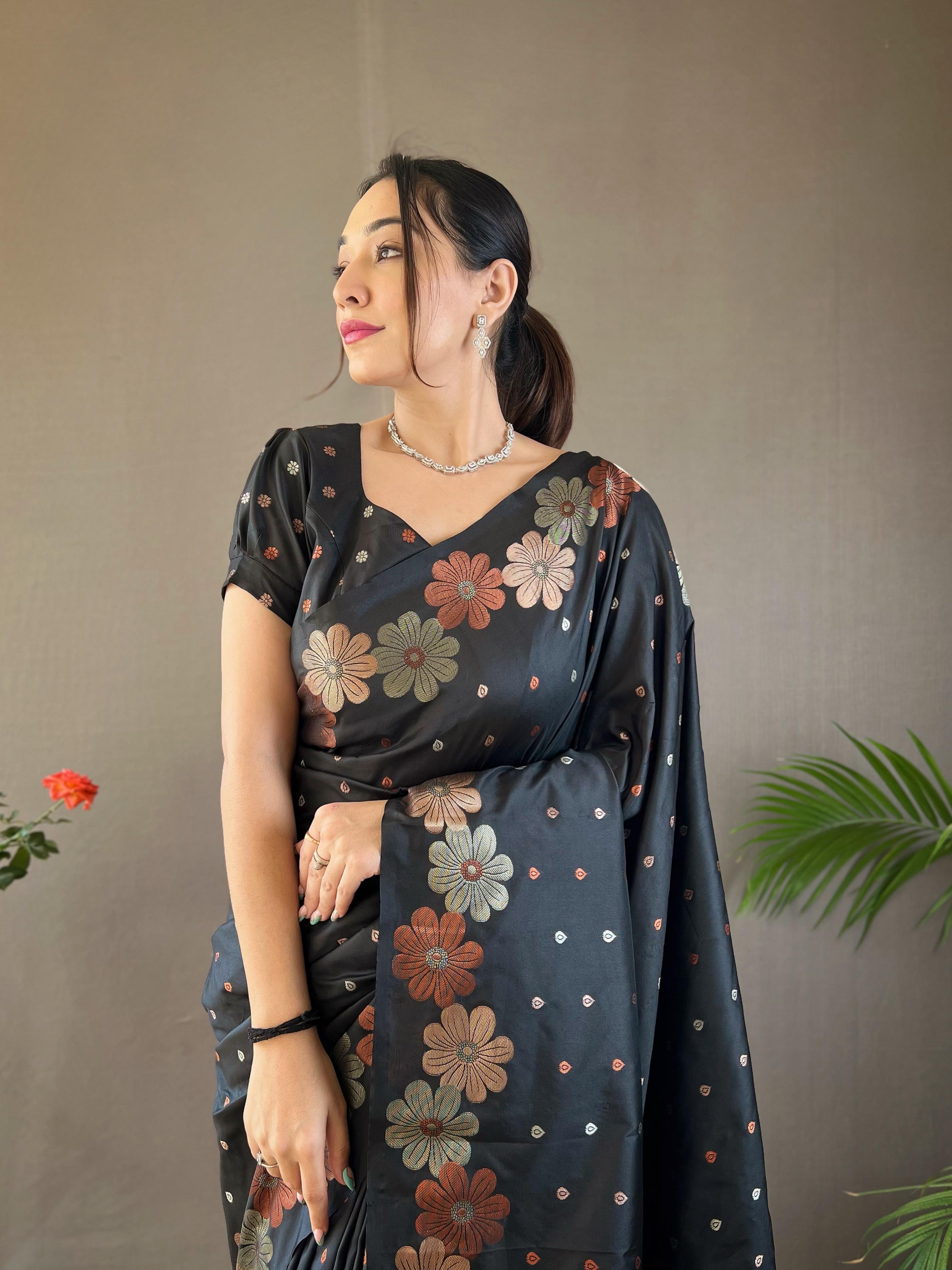 New Designer Pure Soft Silk Black Saree With Copper and Gold Weaving All Over Saree With Running Unstiched Blouse Piece