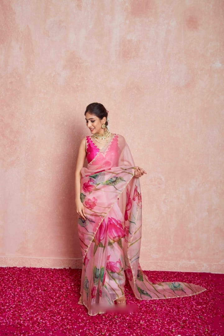 New One Minute Ready To Wear Soft Organza Silk Pink Saree with Beautiful Hand Worked Moti  And Val Work With Same Handworked Stiched Blouse