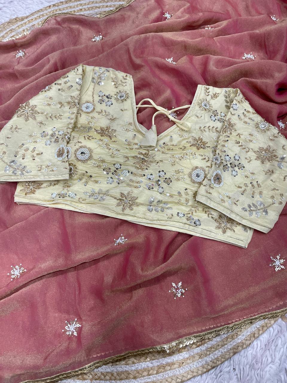 New Designer NC Moss Sattin Saree With All Over Birts Sequence Butti Work - Peach