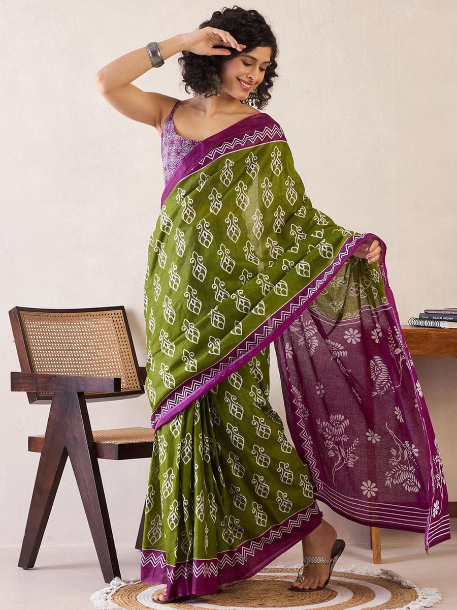 New One Minute Ready To Wear  Pure Soft Mul Cotton Silk Parrot Green Saree With  Pocket Along With Running Unstiched Blouse Piece