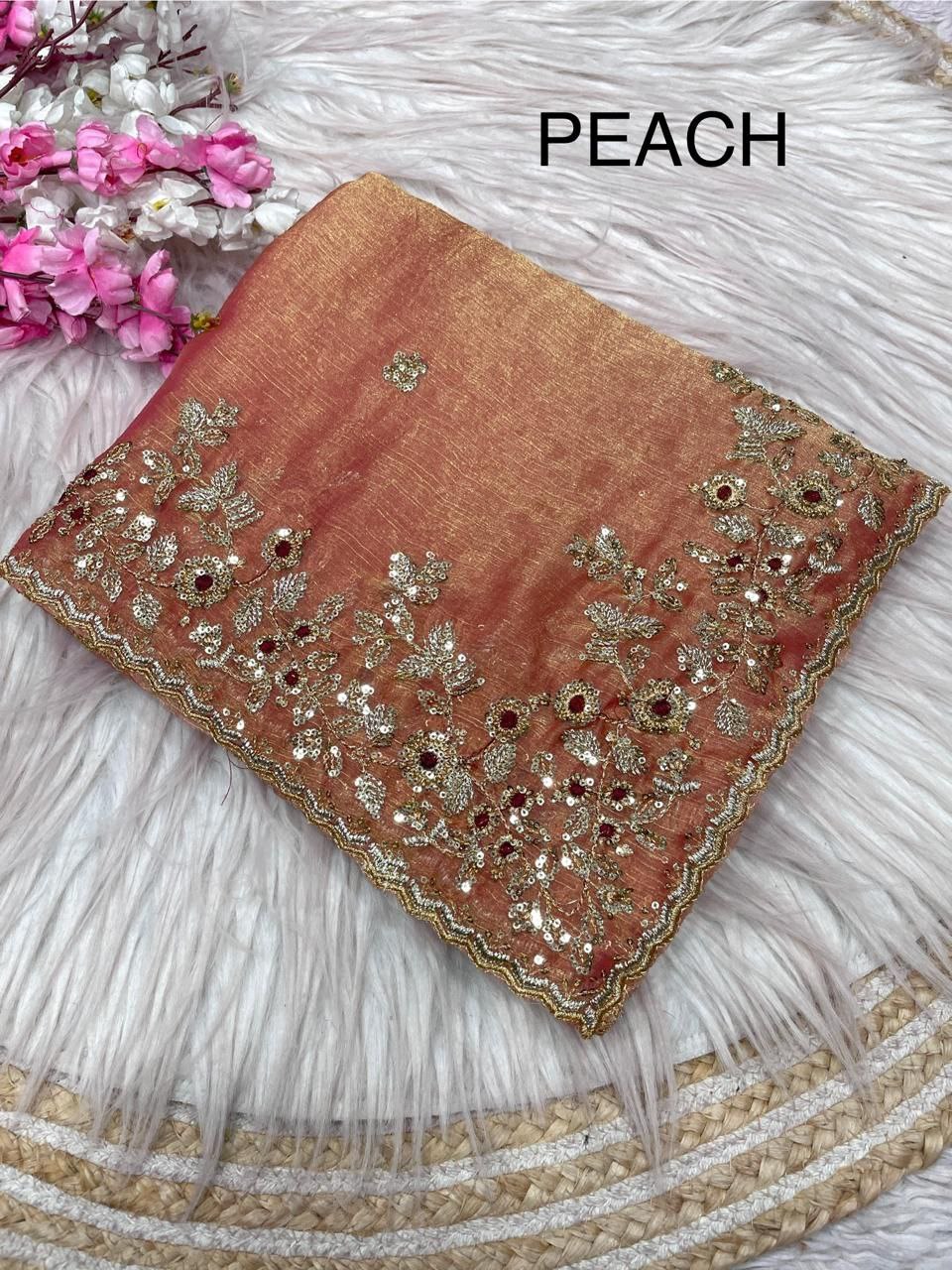 New Designer Fendy Chiffon Two Tone Saree - Peach