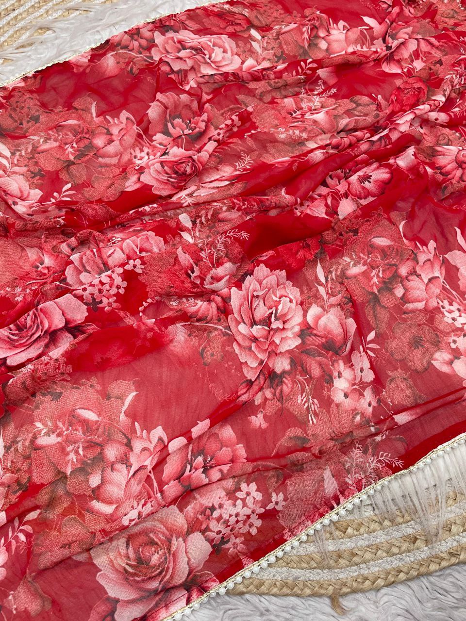 New Designer Digital Foral Printed Georgette Saree - Red
