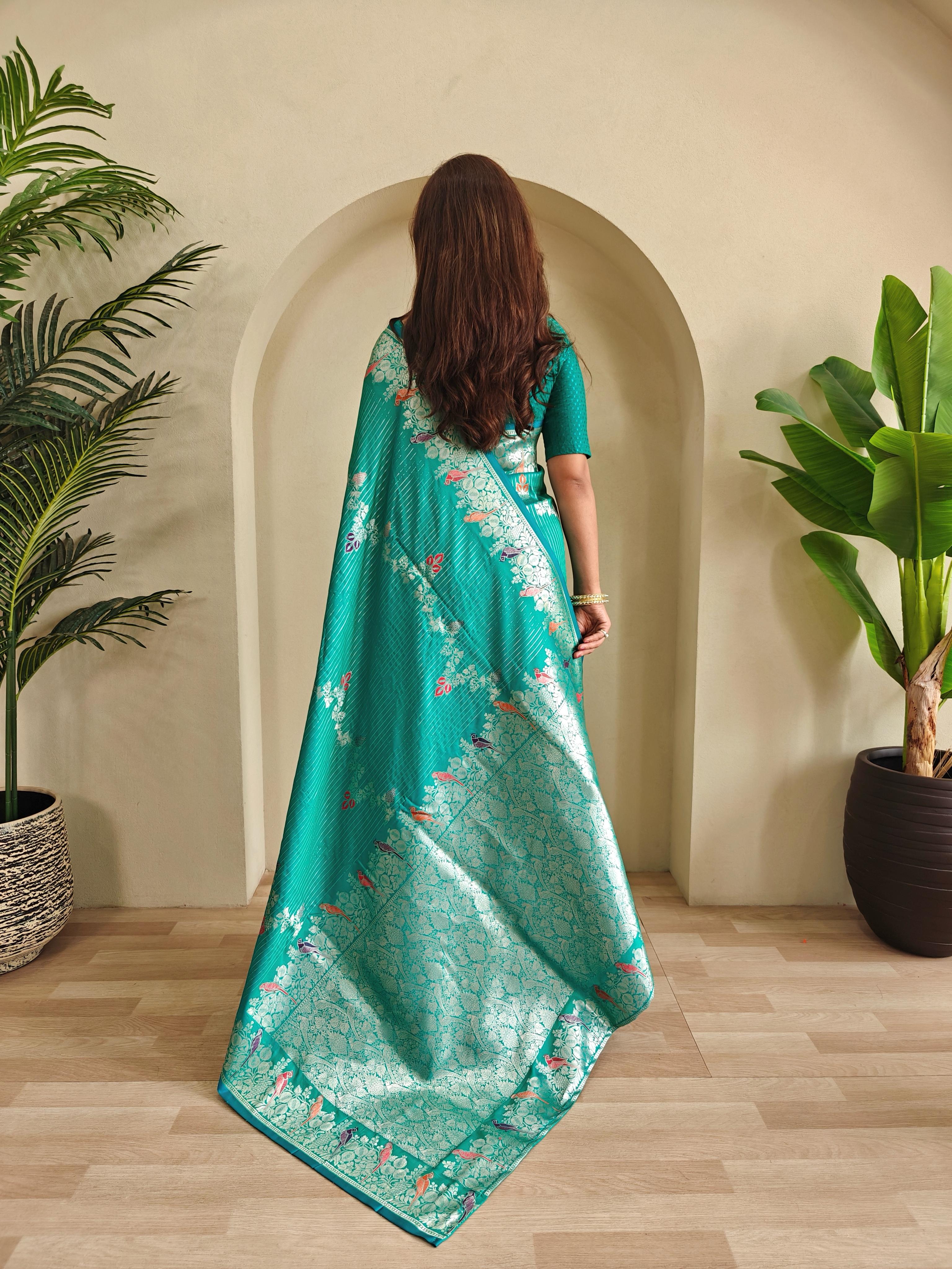 New Designer Banarasi Mushro Satin Silk Zari Weaved Teal Blue Saree With Unstiched Blouse Piece