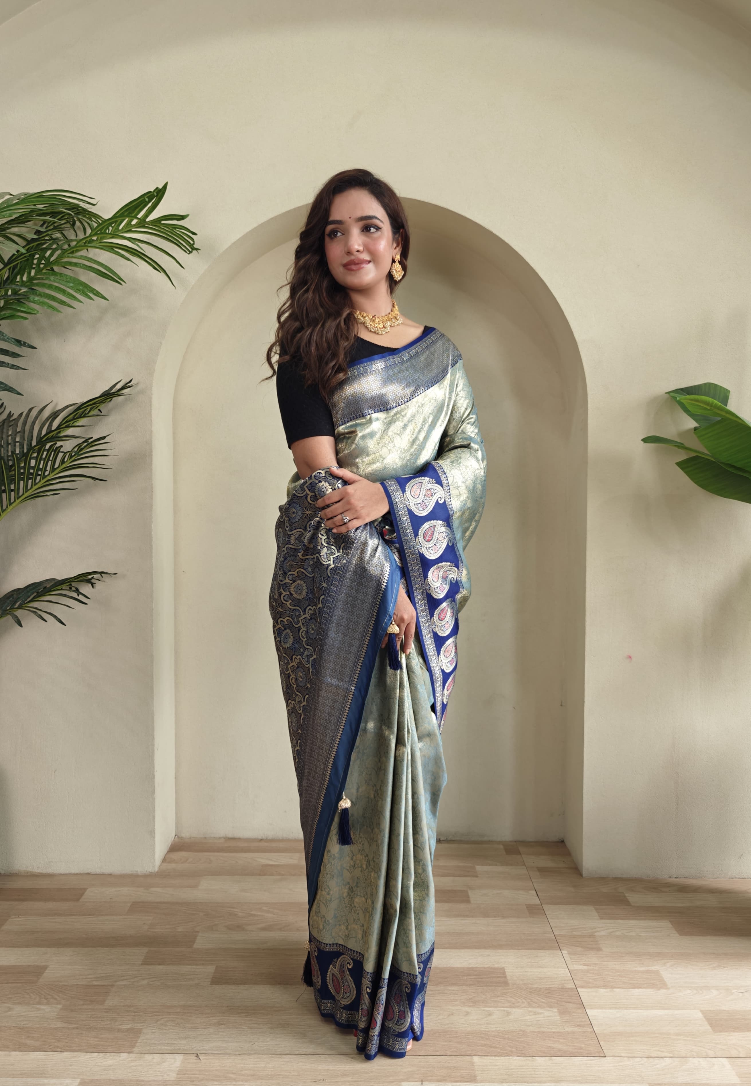 New Designer Zari Kanchi Silk Blue Saree With Self Weaving Designer All Over Saree Along With Running Unstiched Blouse Piece