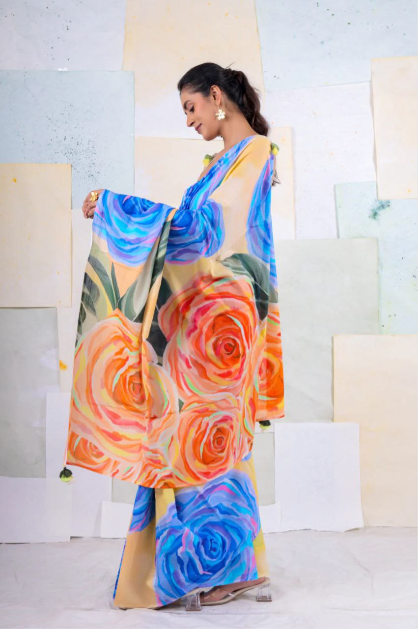 New Designer Original Japan Satin Rose Flower Printed Blue Saree With Digital Printed Unstiched Blouse Piece