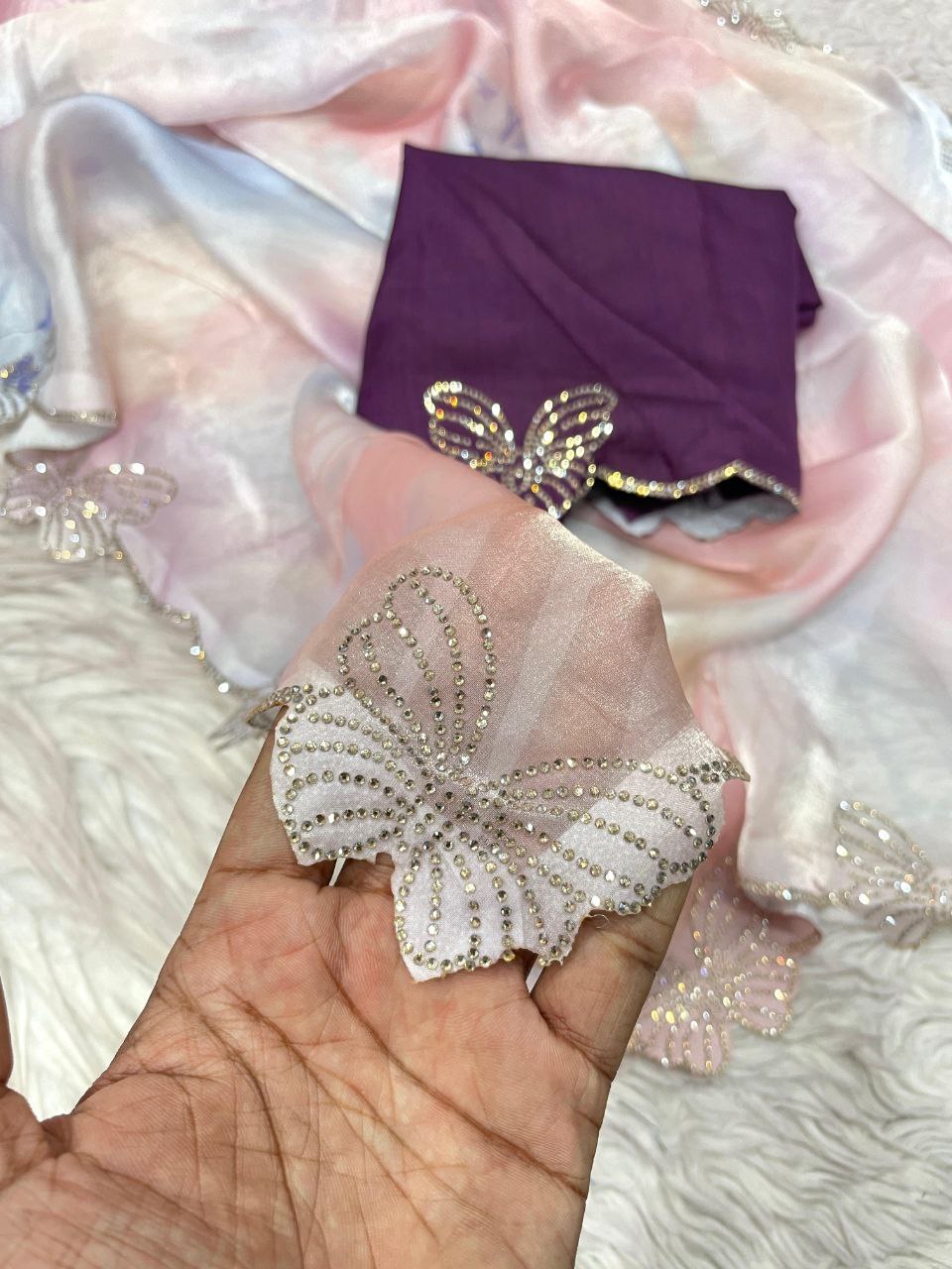 New Designer Digital Printed Fandy Sattin Saree With Jarkhan And Siroski Work