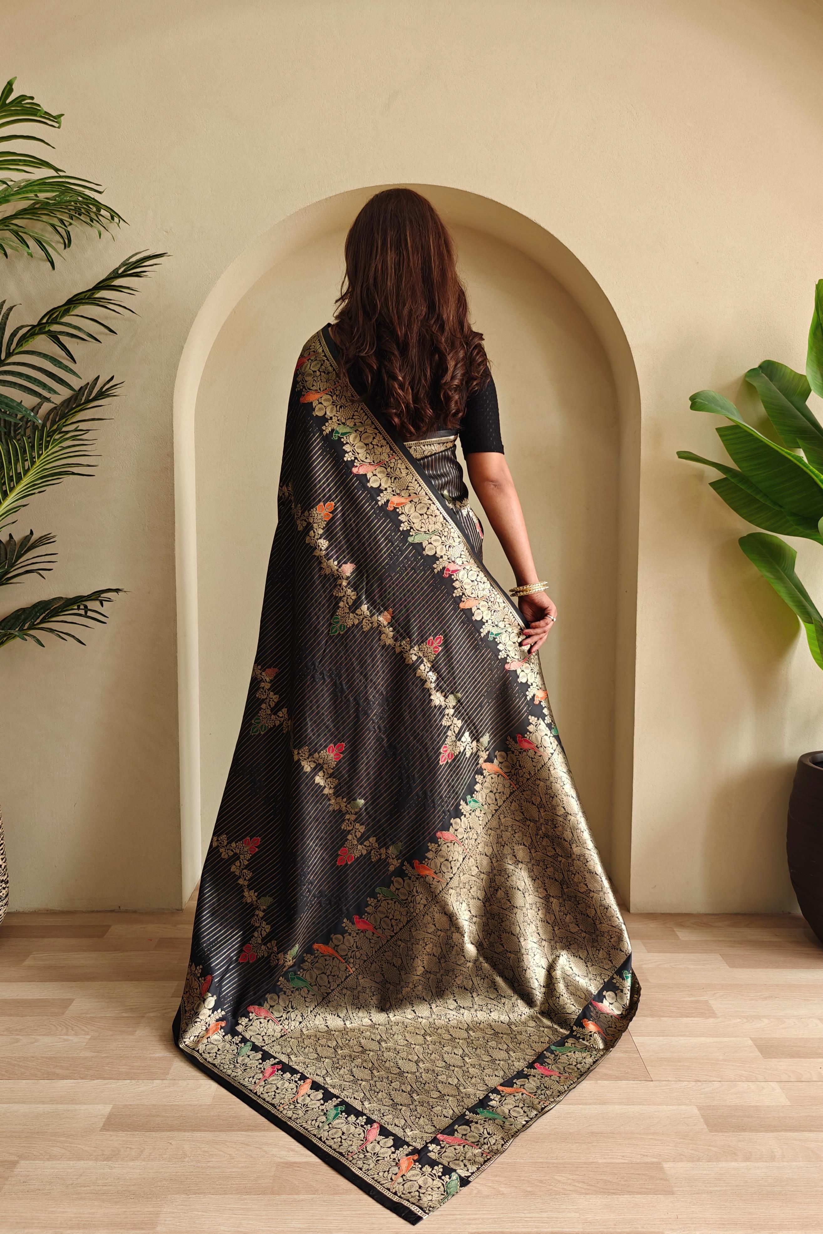 New Designer Banarasi Mushro Satin Silk Zari Weaved Black Saree With Unstiched Blouse Piece