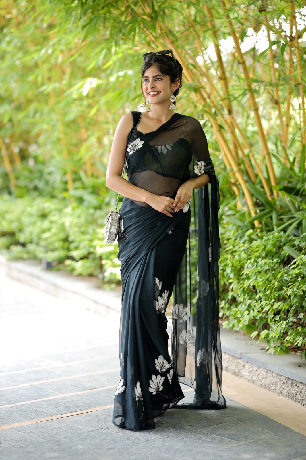 New One Minute Ready To Wear Pure Soft Georgette Silk Flower Designed Black Saree With Same Model  Unstiched Blouse Piece