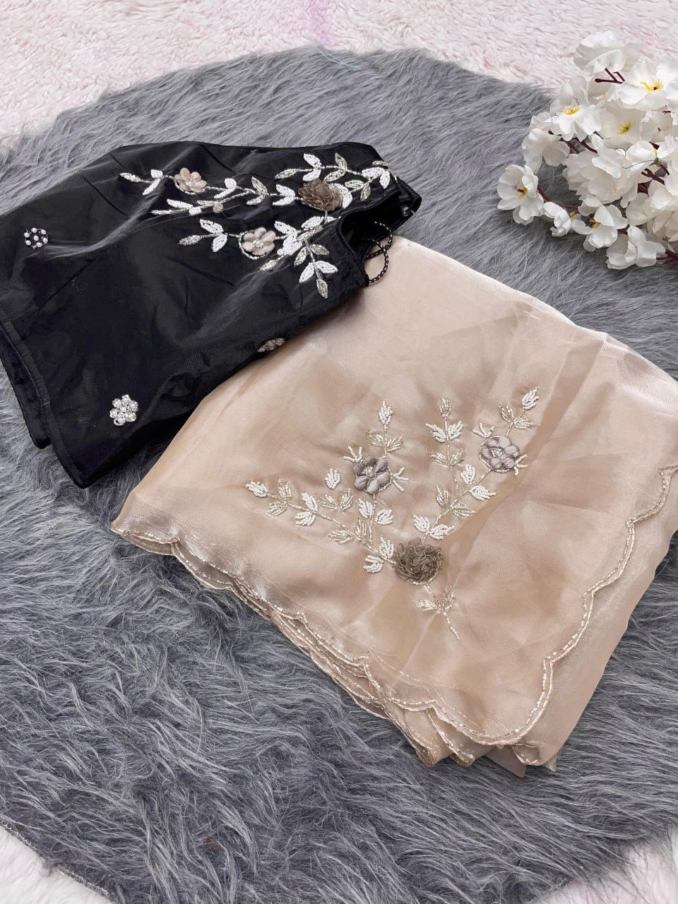 New Designer Jimmy Choo Satin Saree With Khatli Cutdana Handwork - Chickoo