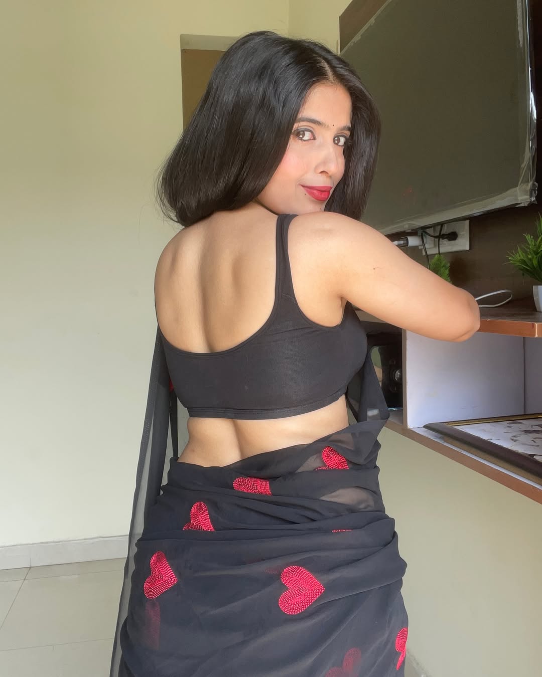 New One Minute Ready To Wear  Pure Soft Georgette Silk Black Saree With Beautiful Red Heart Embroidery Along With Embroidery Unstiched Blouse Piece