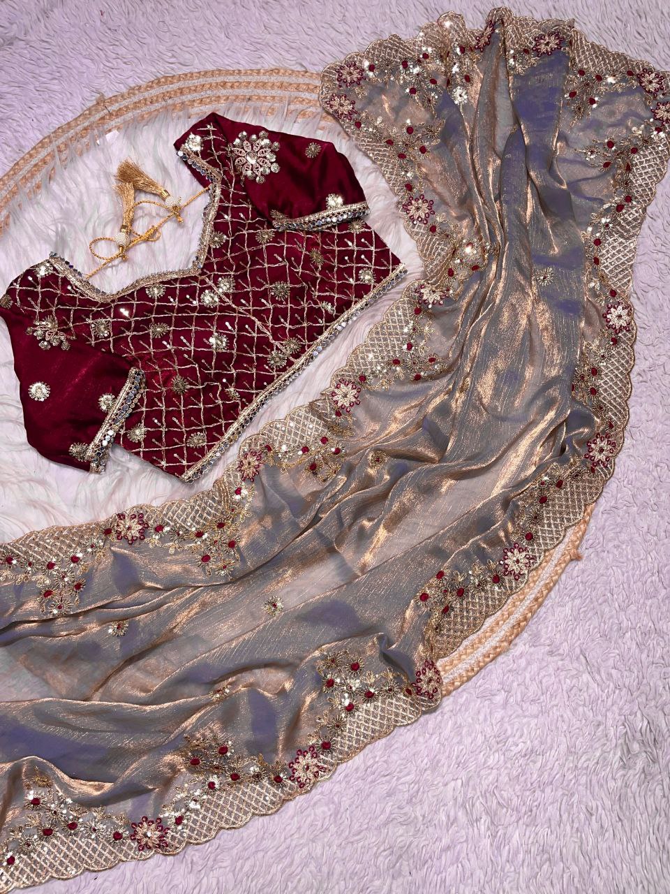 New Designer Fendy Chiffon Two Tone Saree - Grey