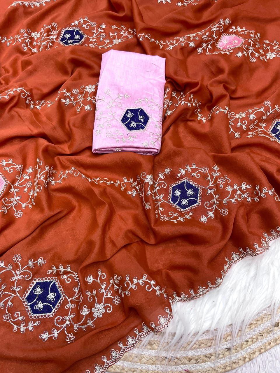 New Designer Blooming Chocolate Silk Saree - Rusty Orange