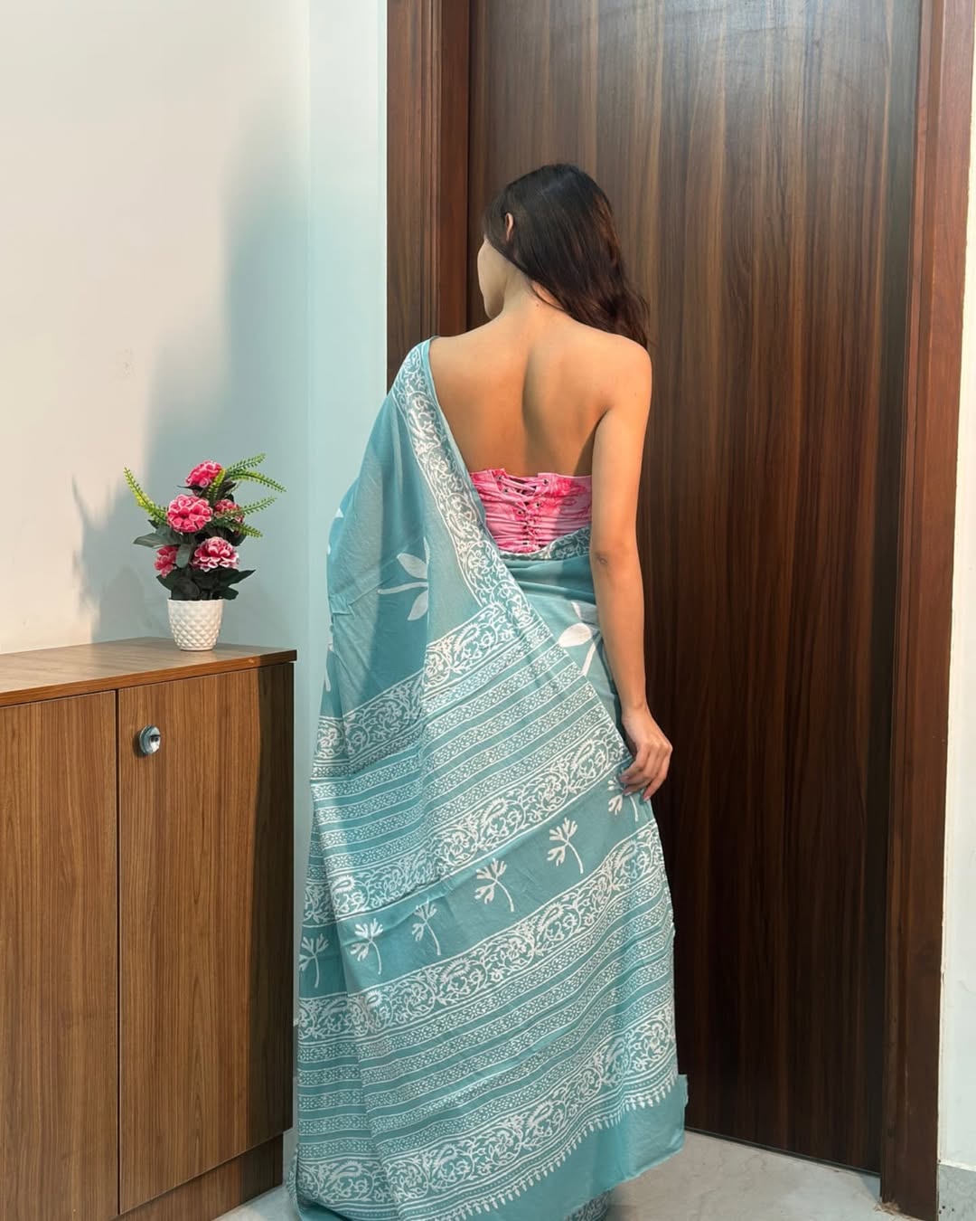 New One Minute Ready To Wear Pure Soft Mul Cotton Silk Sea Green Saree With Pocket