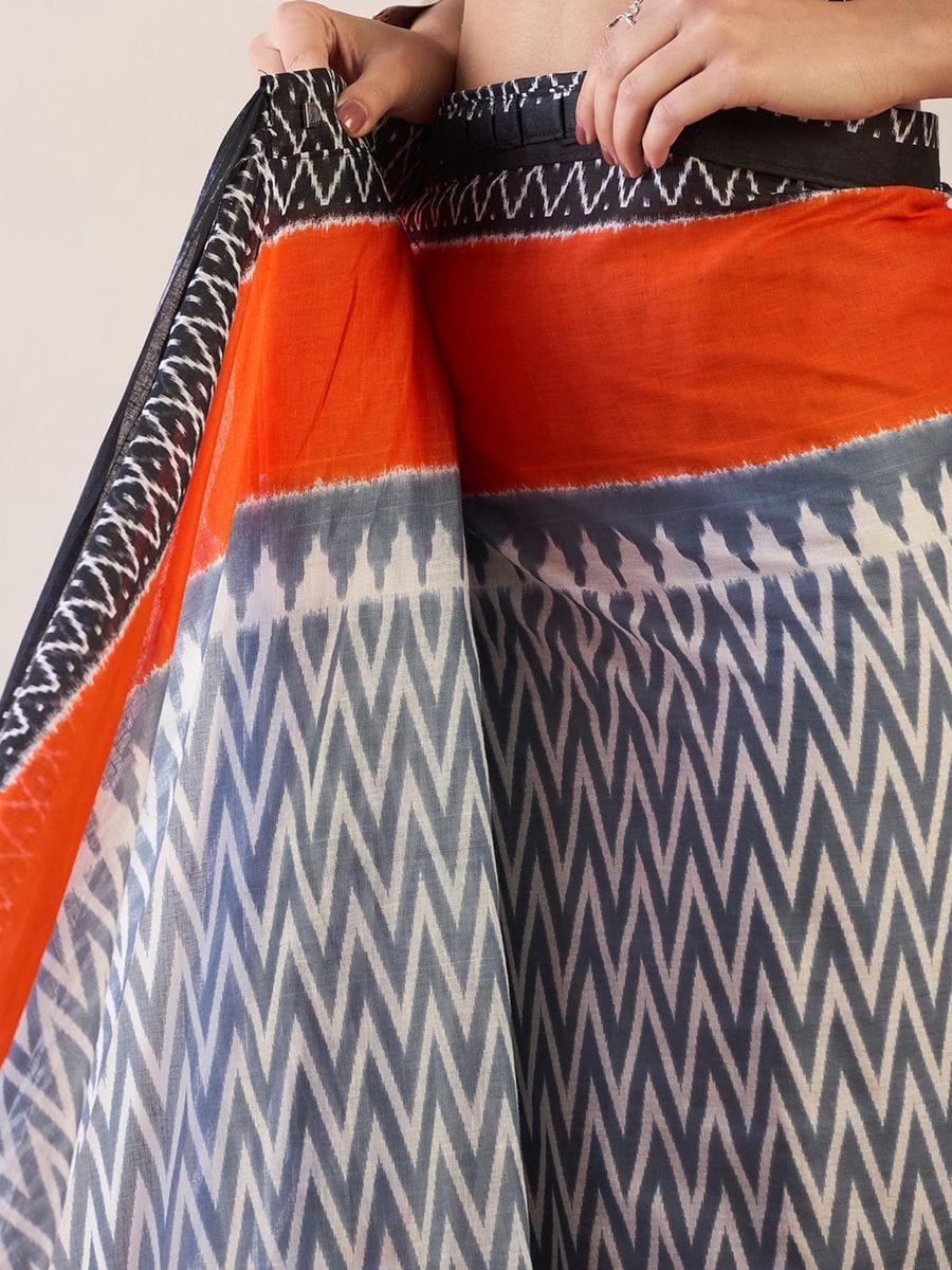 New One Minute Ready To Wear  Pure Soft Mul Cotton Silk zigzag Design Orange Bordered Black Saree With Pocket Along With Same Model Digital printed Unstiched Blouse Piece