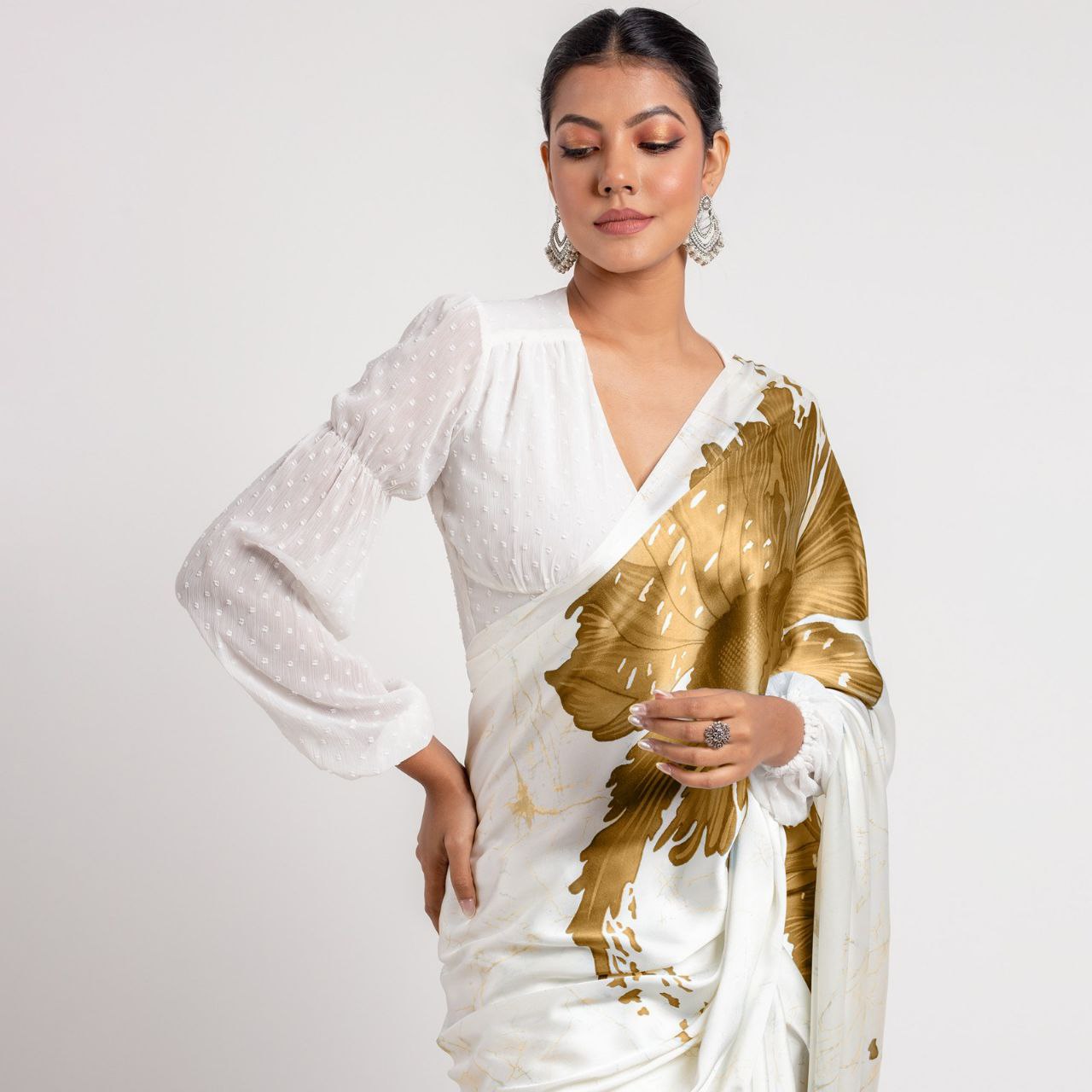 New Designer Original Japan Satin Devsena White Saree With Musturd Yellow Flower Digital Print