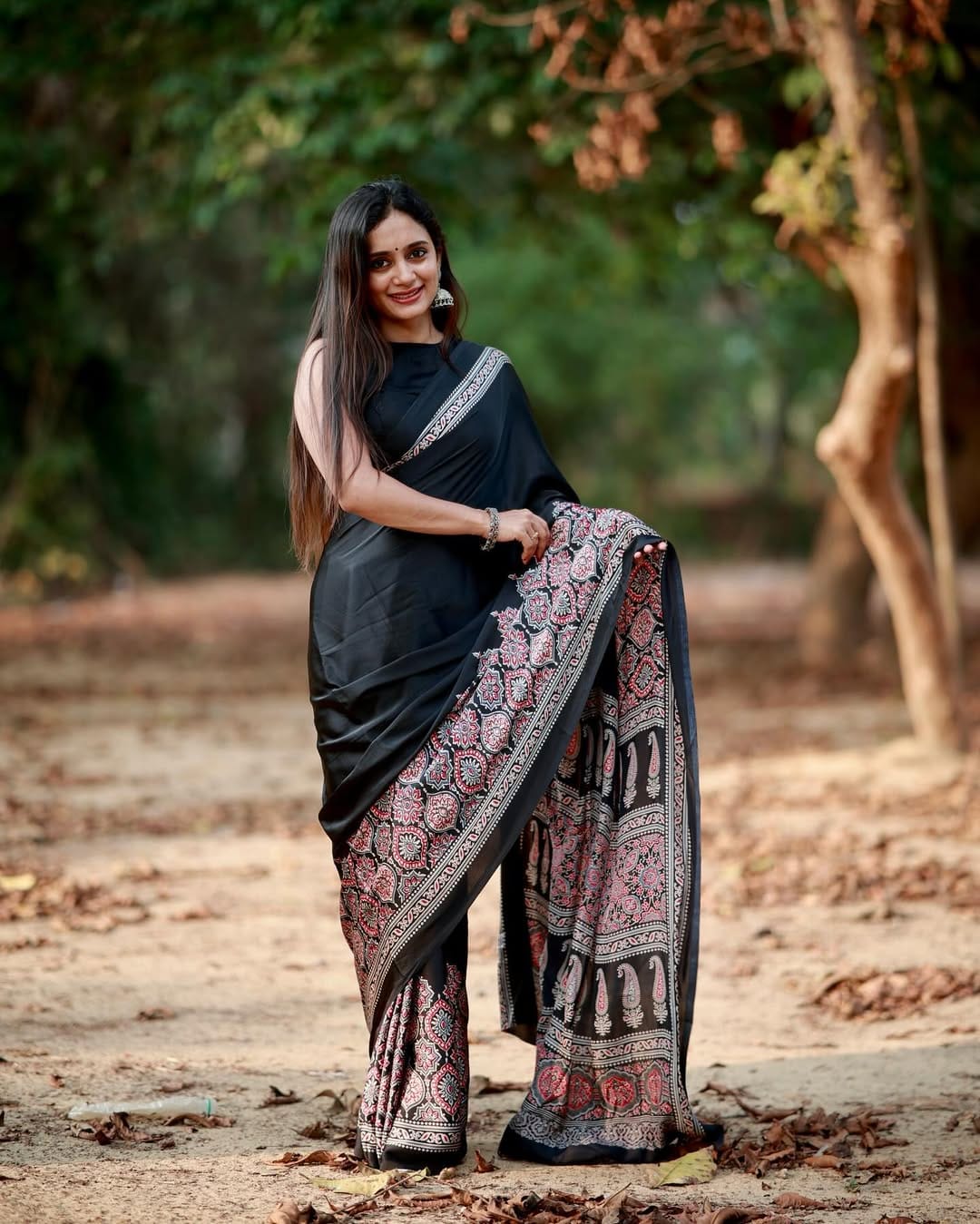 New One Minute Ready To Wear Digital Printed Crape Silk Black Saree