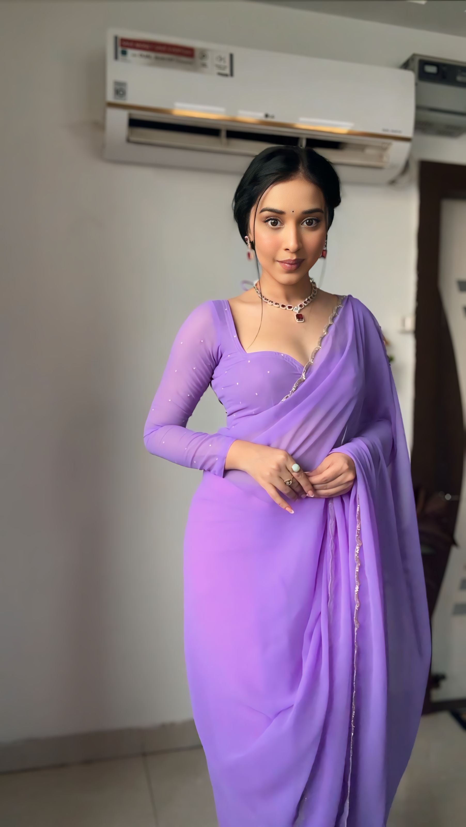One Minute Ready To Wear Muave Purple Pure Soft Georgette Silk Saree