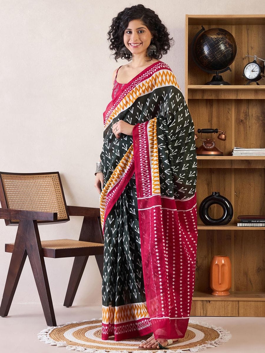 New One Minute Ready To Wear Flower Designed Pure Soft Mul Cotton Silk Black - Red Saree With  Pocket Along With Running Unstiched Blouse Piece