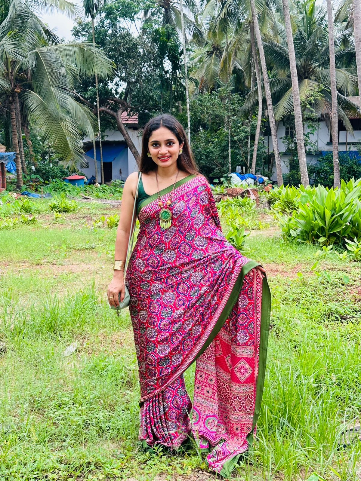 New One Minute Ready To Wear  Digital Printed Crape Silk Rani Pink-Green Saree