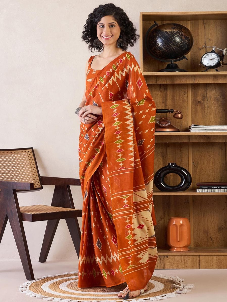 New One Minute Ready To Wear  Pure Soft Mul Cotton Silk Orange Saree With  Pocket Along With Running Unstiched Blouse Piece