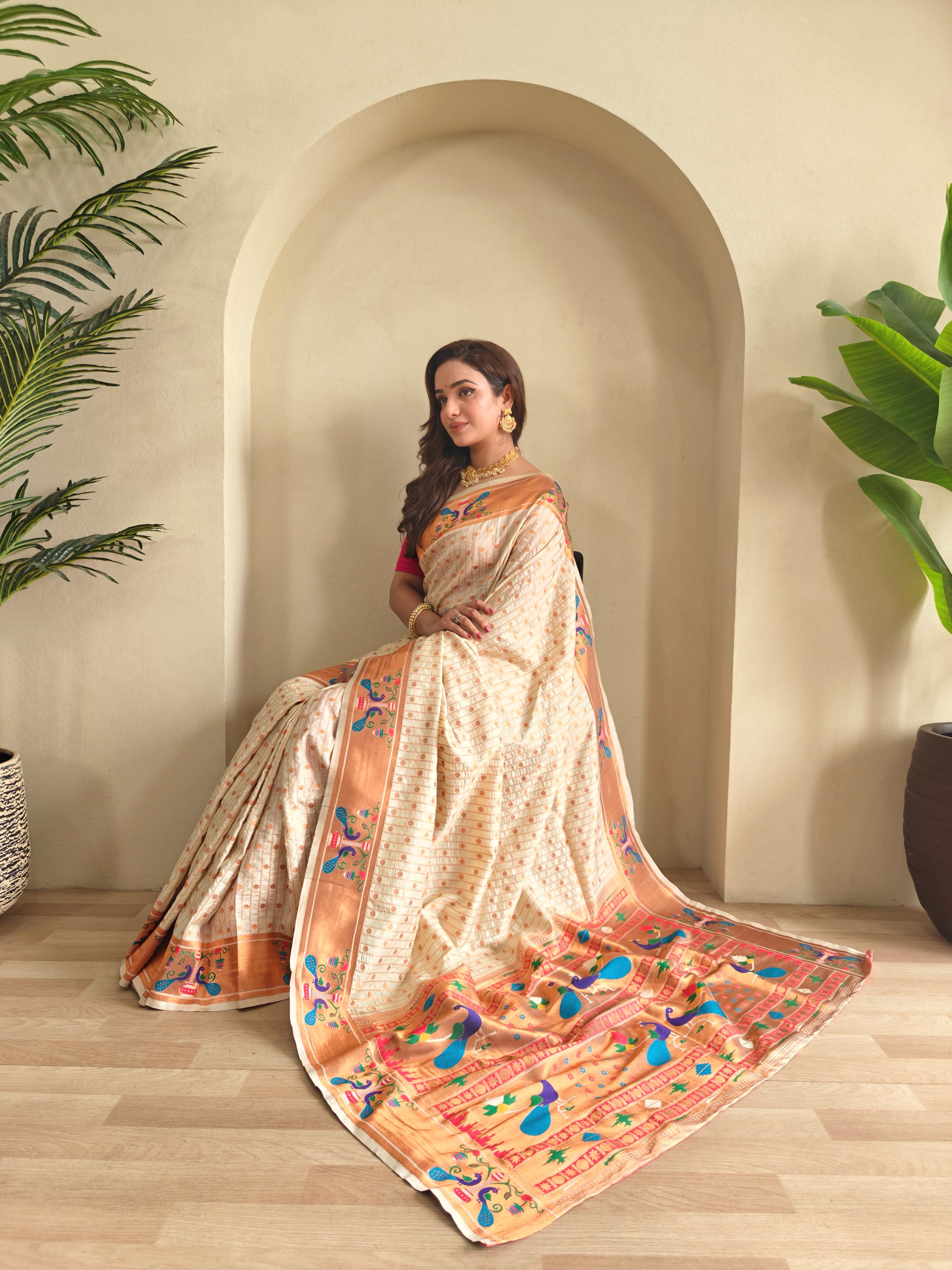 New Designer Premium Paithani Off White Saree With Rich Weaved Paithani Pallu Along With All Over Polka Design With Contrast Unstiched Blouse Piece