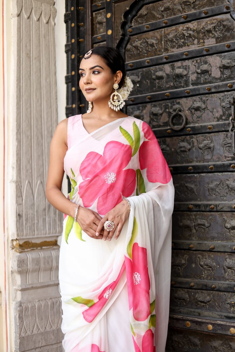 New One Minute Ready To Wear  Pure Soft Georgette Silk Pink Flower Design White Saree Along With Same Colour Unstiched Blouse Piece