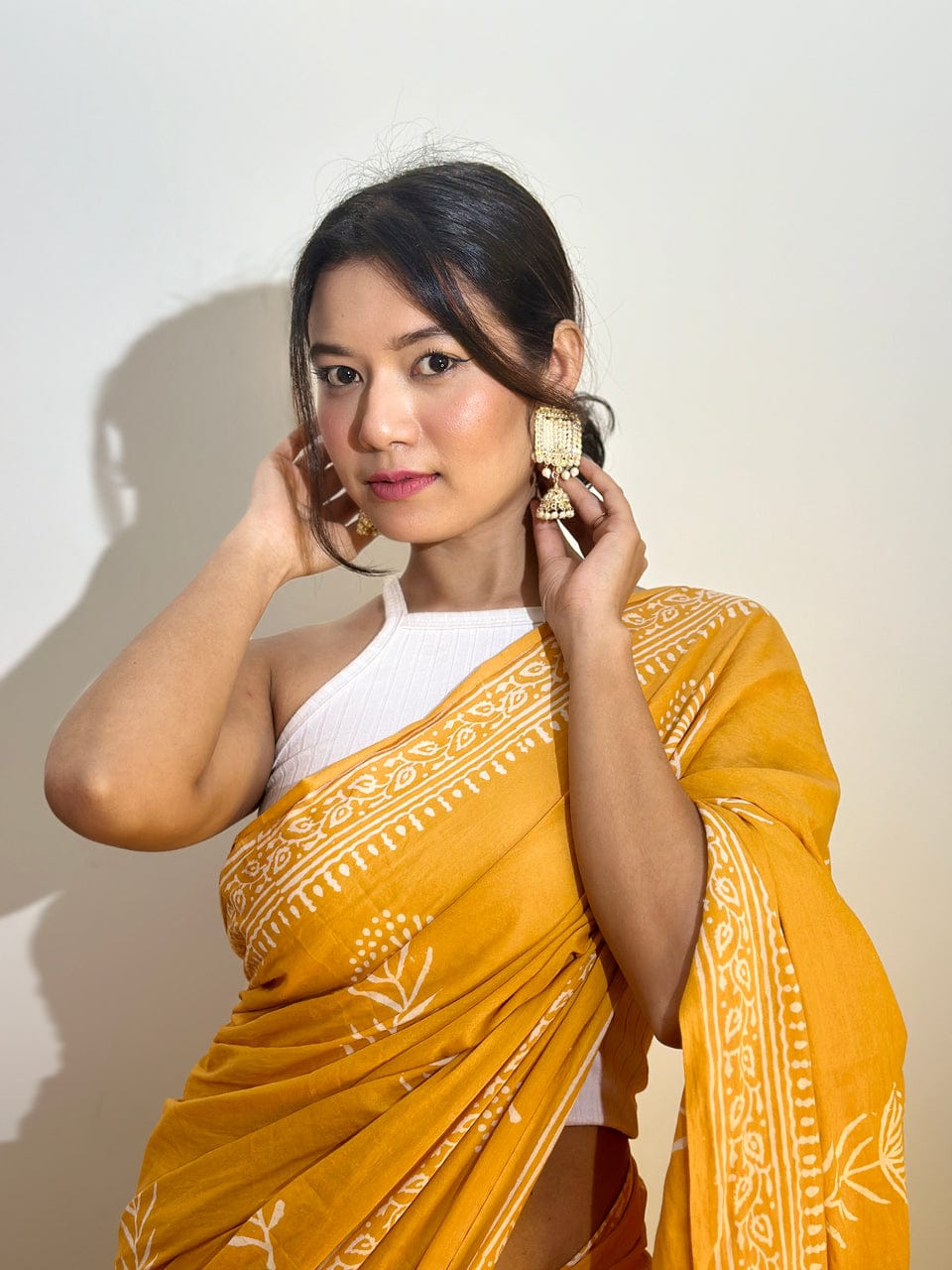 New One Minute Ready To Wear flower Printed Pure Soft Mul Cotton Silk Yellow Saree With  Pocket