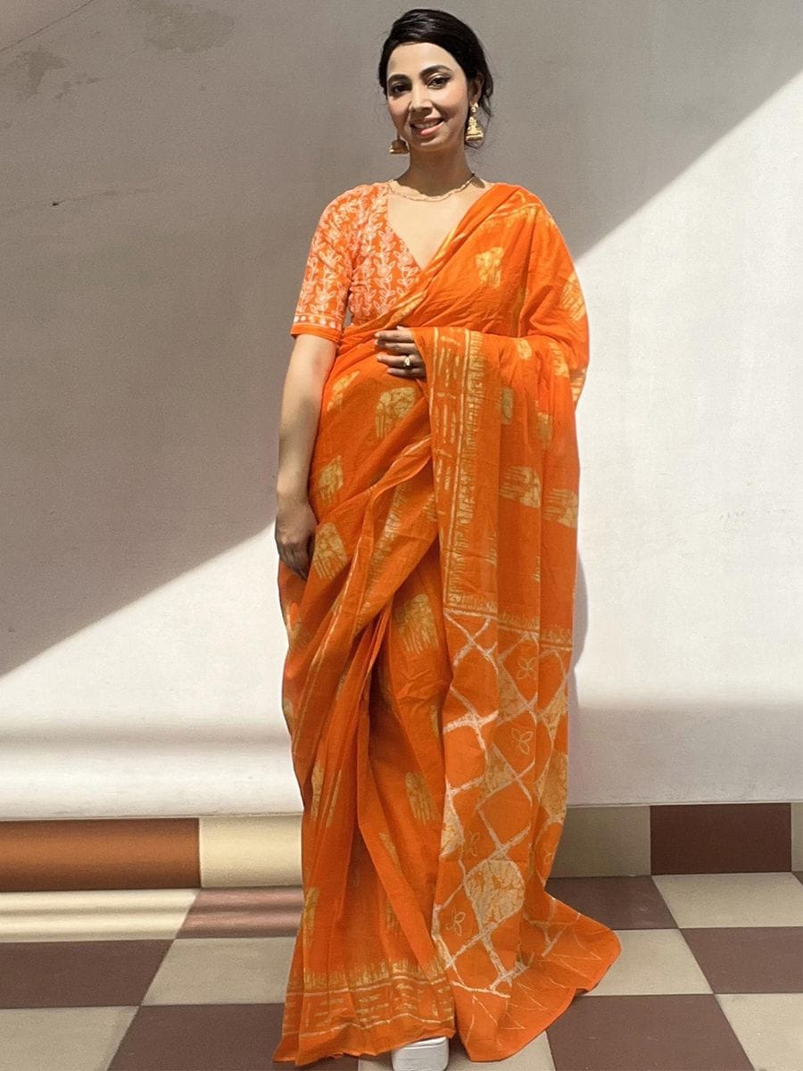 New One Minute Ready To Wear  Pure Soft Mul Cotton Silk Orange Saree With  Pocket Along With Running Unstiched Blouse Piece