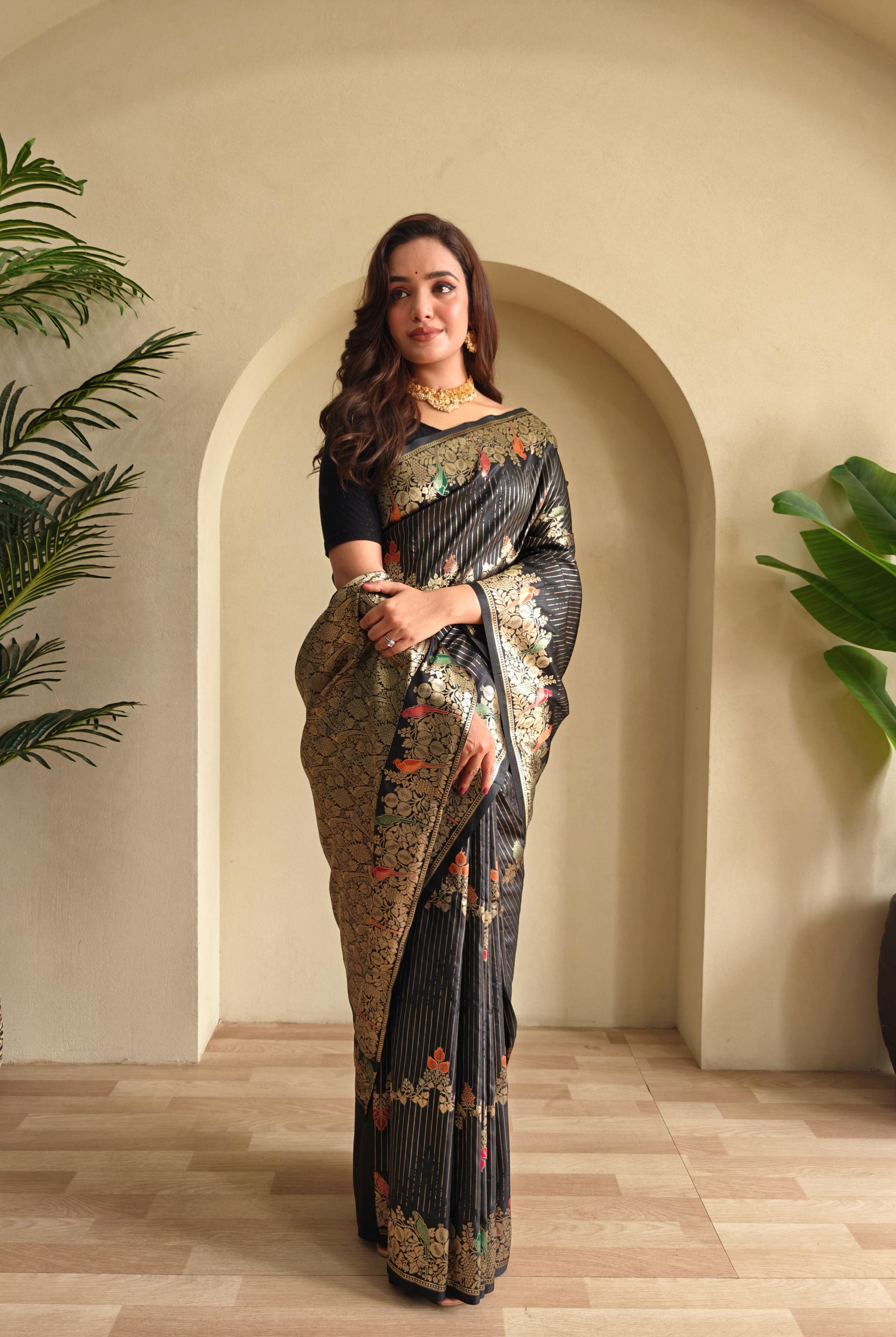 New Designer Banarasi Mushro Satin Silk Zari Weaved Black Saree With Unstiched Blouse Piece