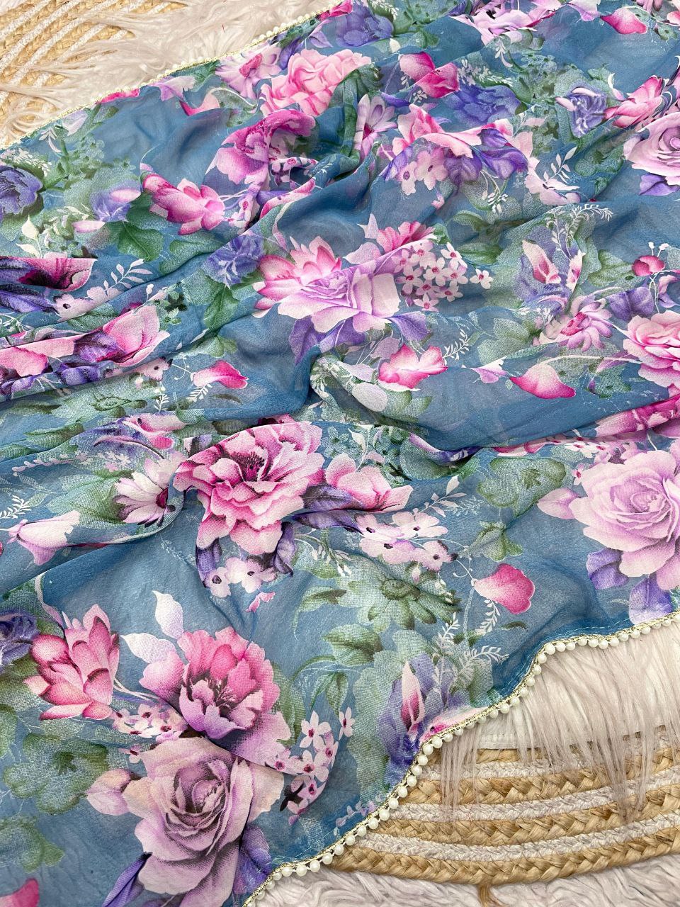 New Designer Digital Floral Printed Georgette Saree - Blue