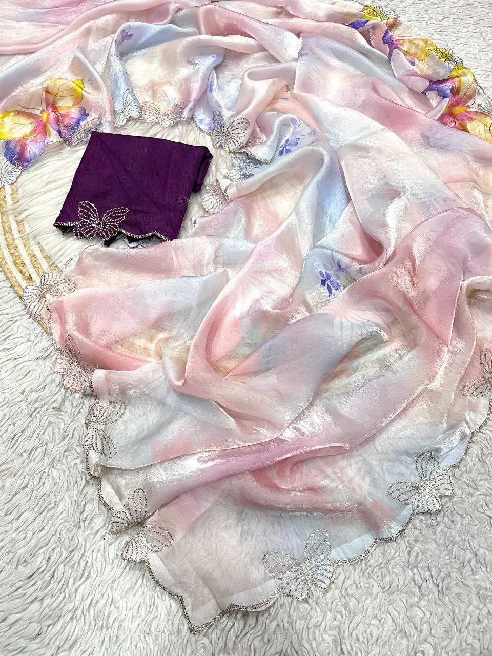 New Designer Digital Printed Fandy Sattin Saree With Jarkhan And Siroski Work