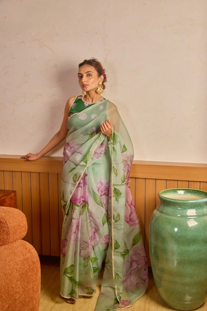 New One Minute Ready To Wear Soft Organza Silk Pastel Green Saree with Beautiful Hand Worked katdana And moti Work With Same Handworked Stiched Blouse