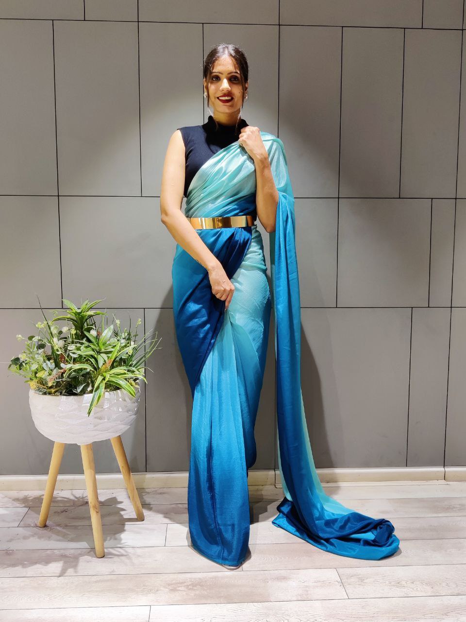 New One Minute Ready Wear Dual Blue Tone Georgette Saree