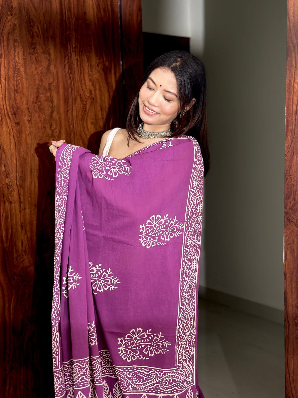 New One Minute Ready To Wear flower Printed Pure Soft Mul Cotton Silk Majenta Saree With  Pocket