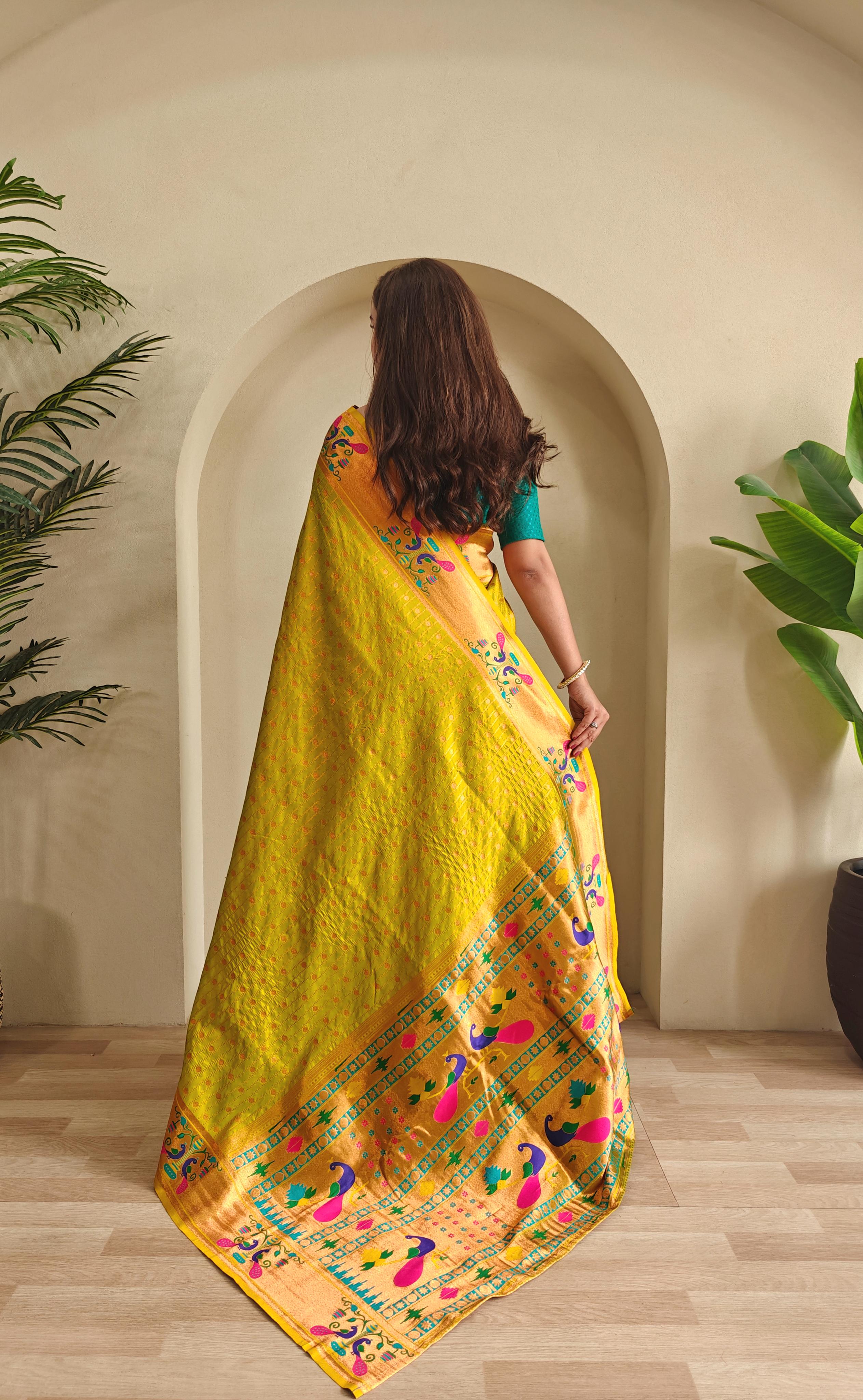 New Designer Premium Paithani Chartreuse Yellow Saree With Rich Weaved Paithani Pallu Along With All Over Polka Design With Contrast Unstiched Blouse Piece