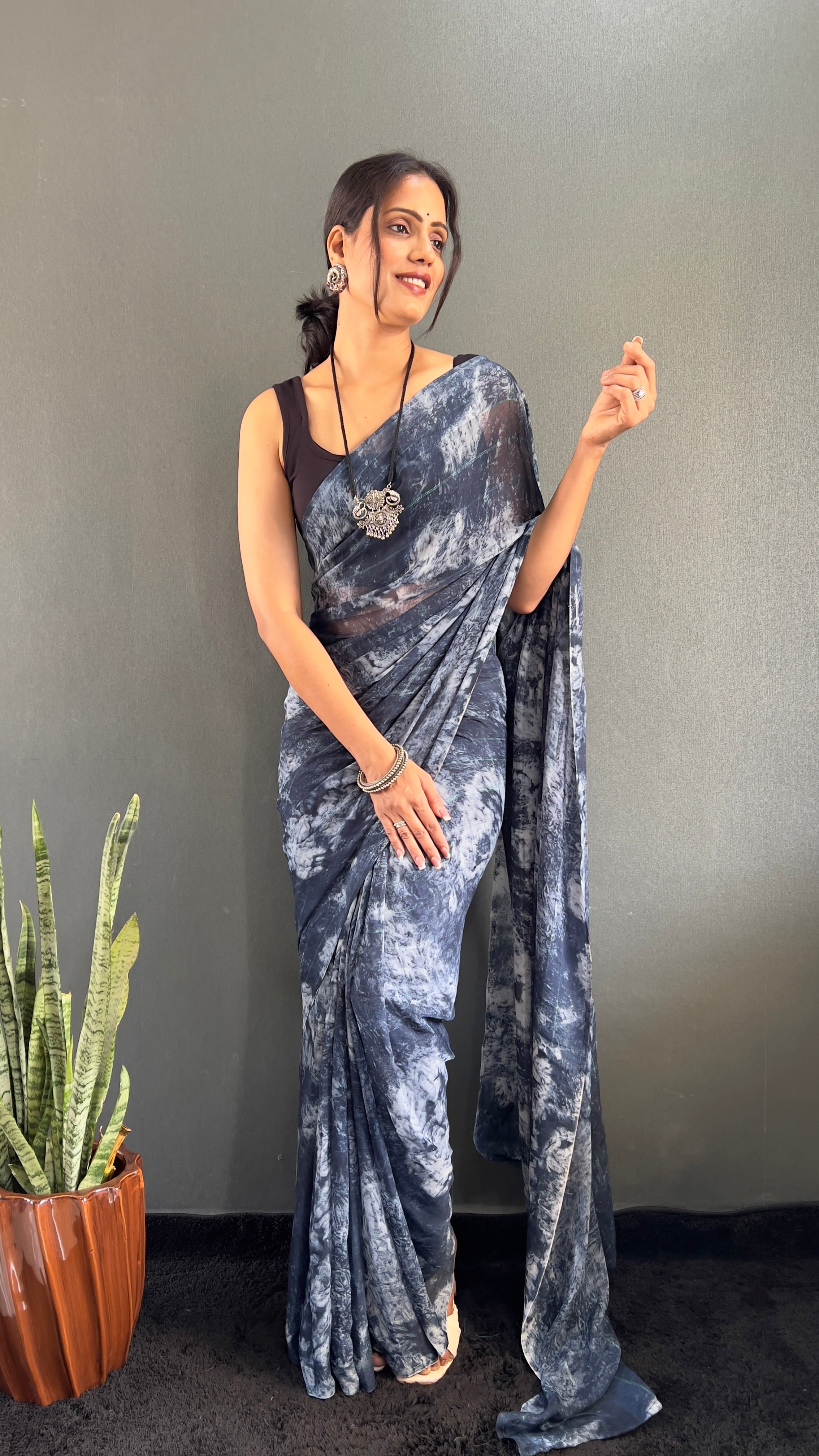 Adita One Minute Ready To Wear Navy Blue Saree With Unstiched Blouse