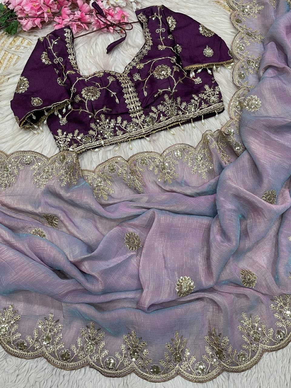 New Designer NC Vichitra Two Tone Purple Saree With Sequence Coding Embroidery Work