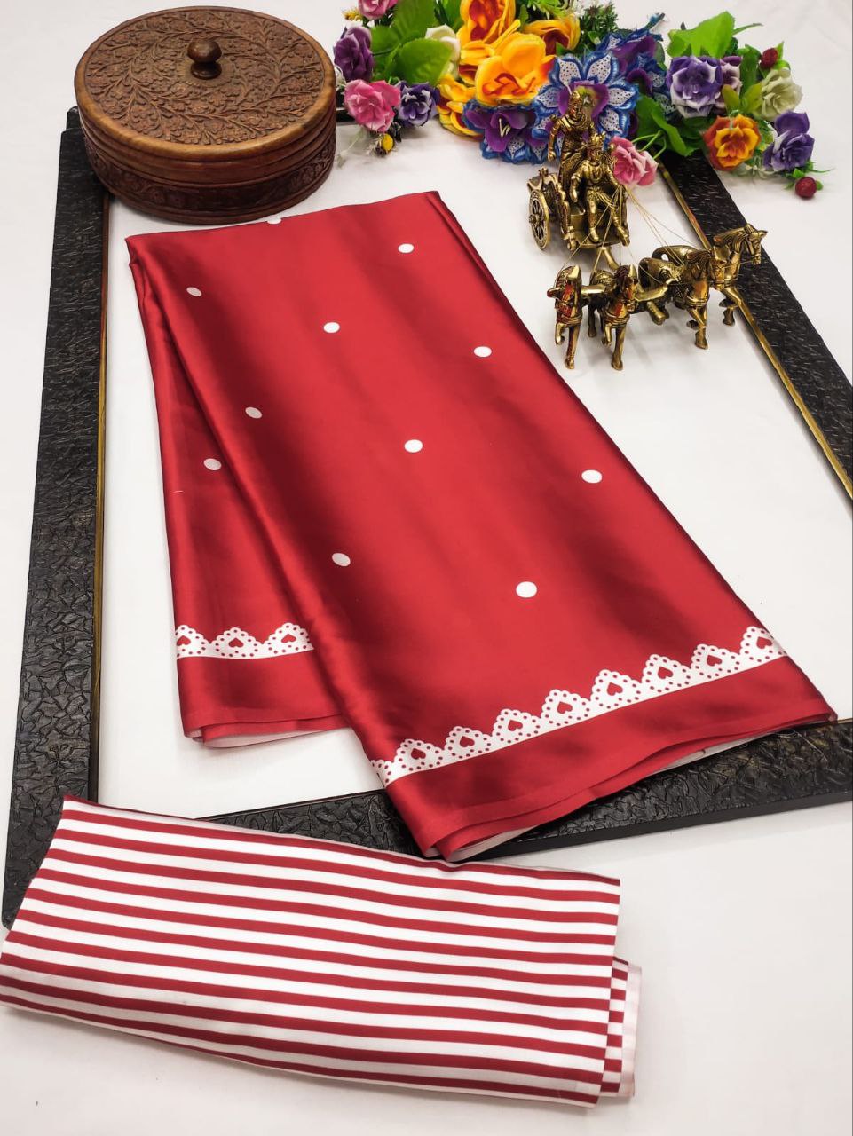 New Designer Original Japan Satin Digital Printed Red Saree With Digital Printed Unstiched Blouse Piece