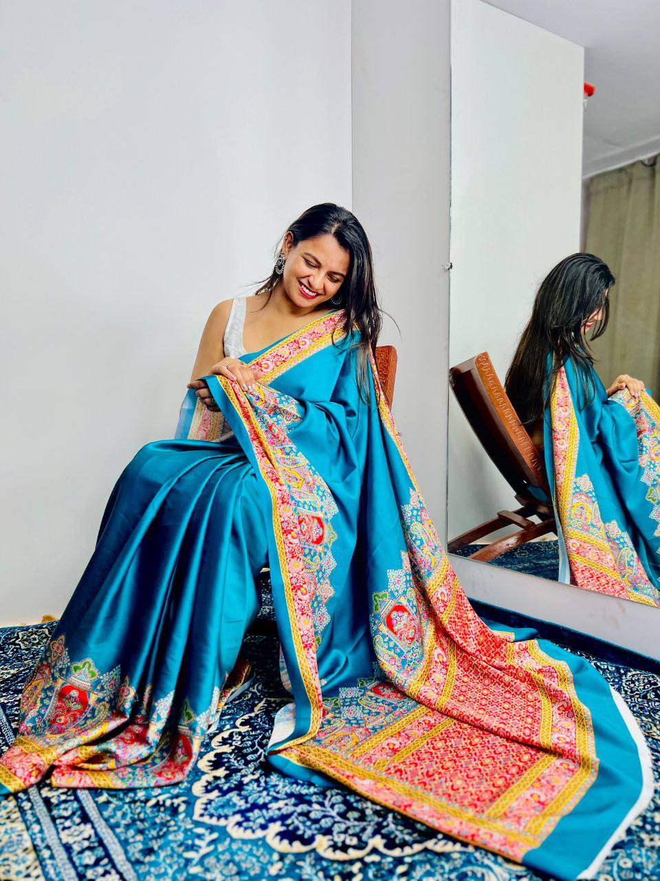 New Designer Premium Ajrakh Printed Blue Satin Saree