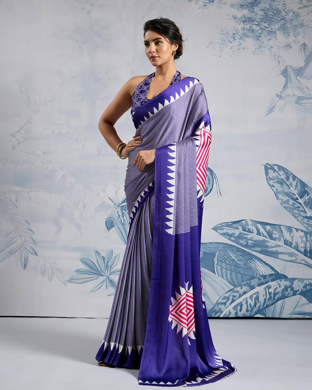 New One Minute Ready To Wear Digital Printed Crape Silk Purple Saree