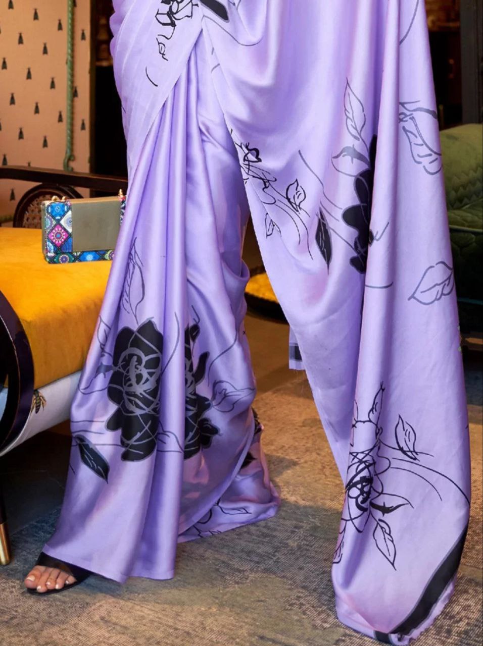 New Designer Party Wear Purple Digital Printed Original Japan Satin Saree