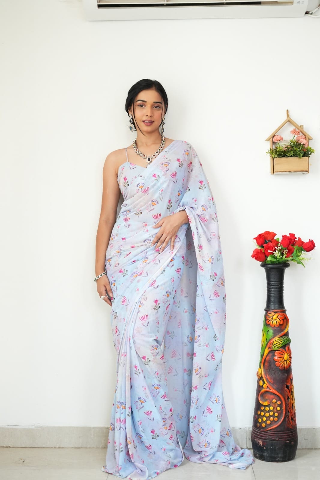 New One Minute Ready To Wear  Pure Soft Georgette Silk Multi Flower Design Light Blue Saree Along With Same Colour Unstiched Blouse Piece