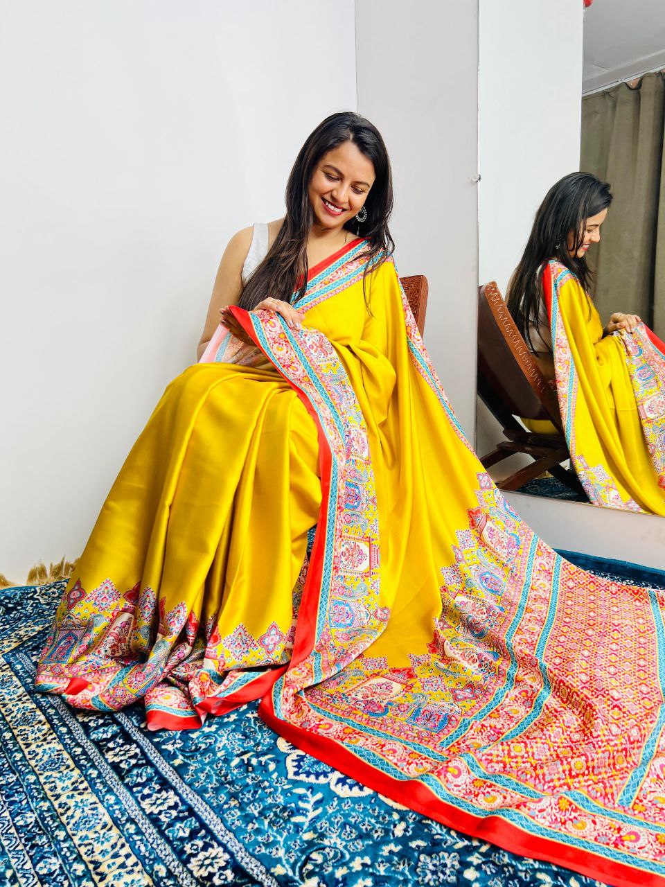 New Designer Premium Ajrakh Printed yellow Satin Saree